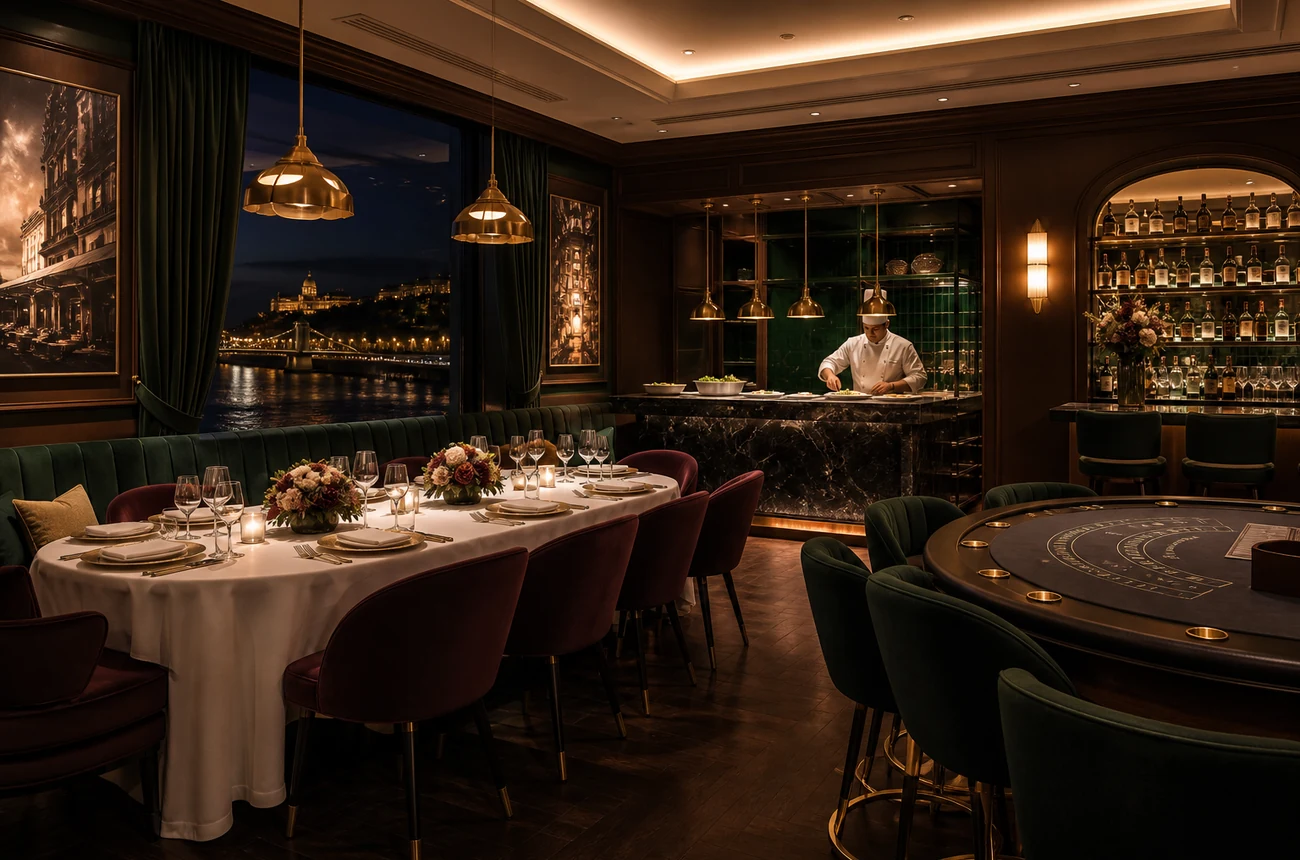 Elegáns casino étterem szalon meleg fényekkel